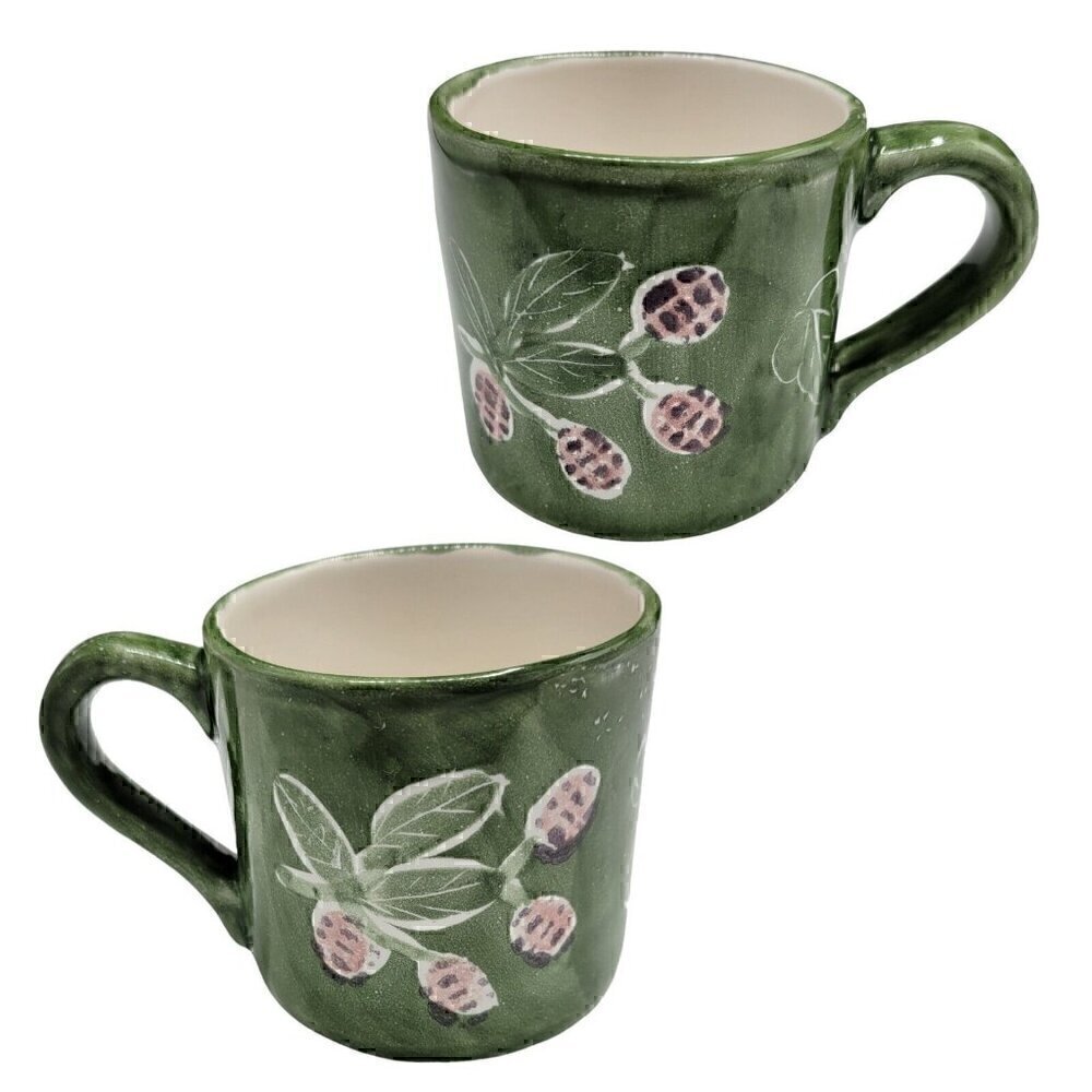 lot of 2 Pottery Barn Coffee Mug Green Strawberries Fruit Cottagecore Farmcore